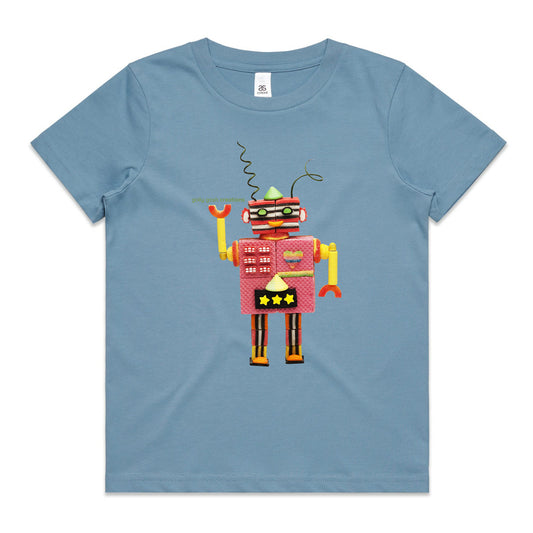 An allsorts robot soft blue kids tee shirt from Golly Gosh Creations. Crafted from sweet confectionery. Size 2 - 16 years. A quality cotton garment.
