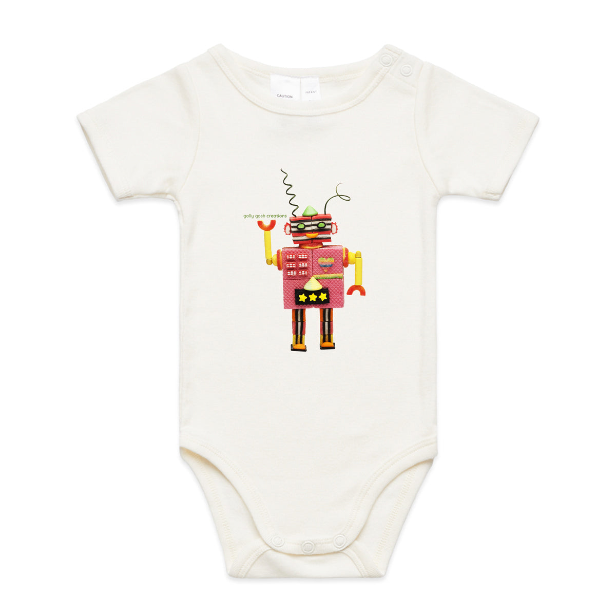 A fun allsorts robot babygrow from Golly Gosh Creations. Crafted from sweet confectionery. A quality cotton garment available from 0 - 24 months. Colour natural.