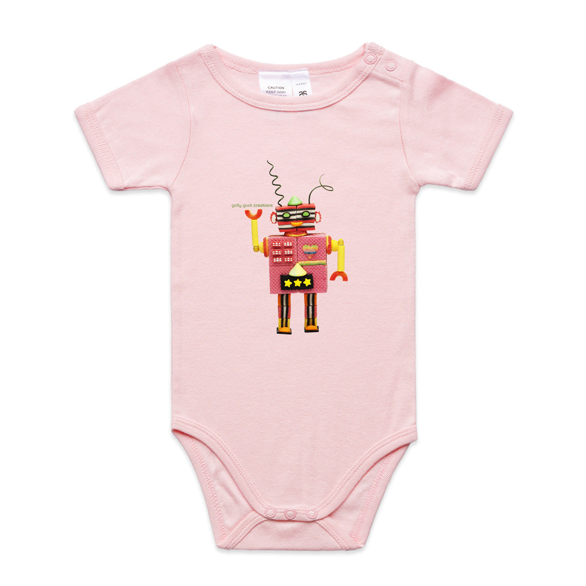 A fun allsorts robot babygrow from Golly Gosh Creations. Crafted from sweet confectionery. A quality pink cotton garment available from 0 - 24 months.