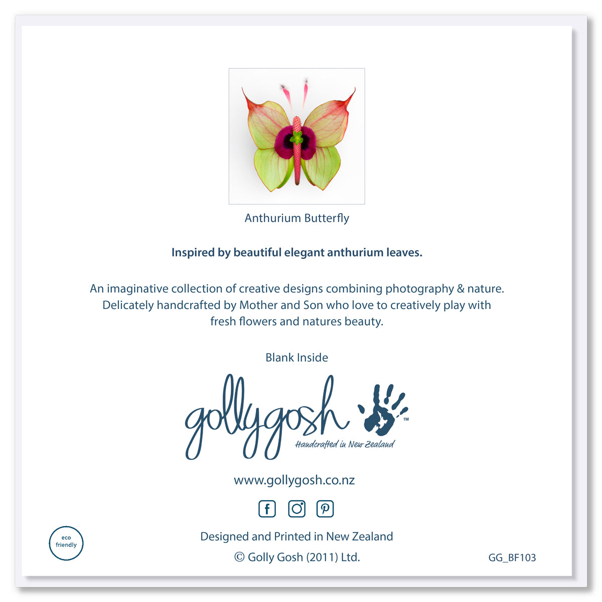 The back cover of our colourful anthurium flower butterfly greeting card from Golly Gosh Creations. Created from fresh flower on a white background.