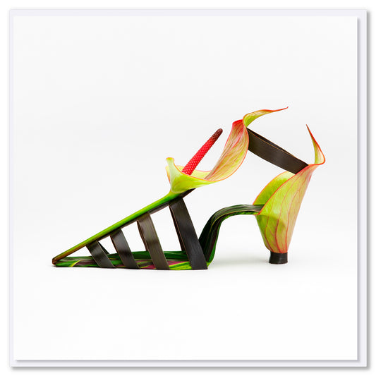 An elegant anthurium flower sandal greeting card from Golly Gosh Creations. Created from fresh flowers on a white background. Size 142 x 142 mm