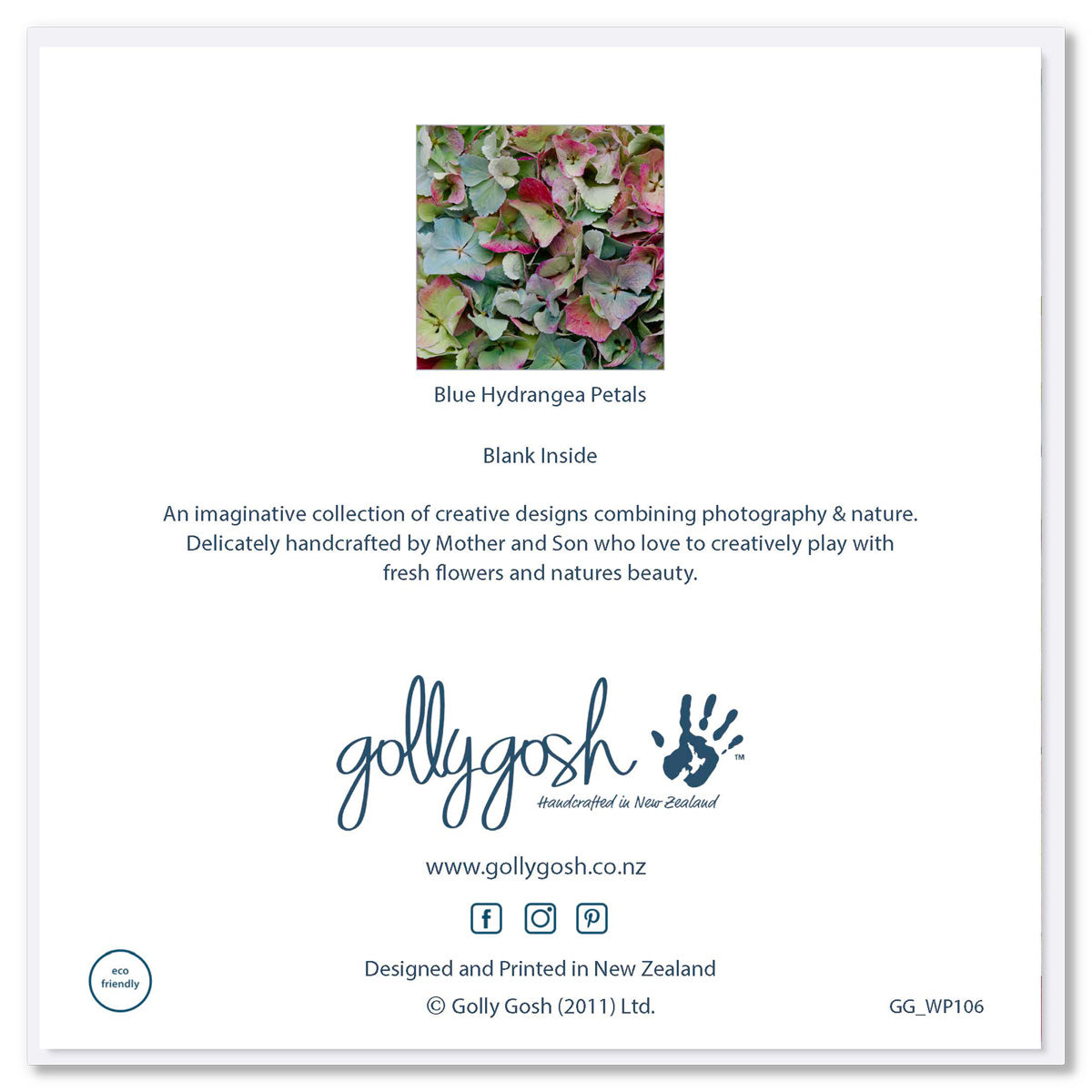 Back of a quality greeting card found at Golly Gosh Creations. A beautiful blue hydrangea floral arrangement . Size 142 x 142mm.