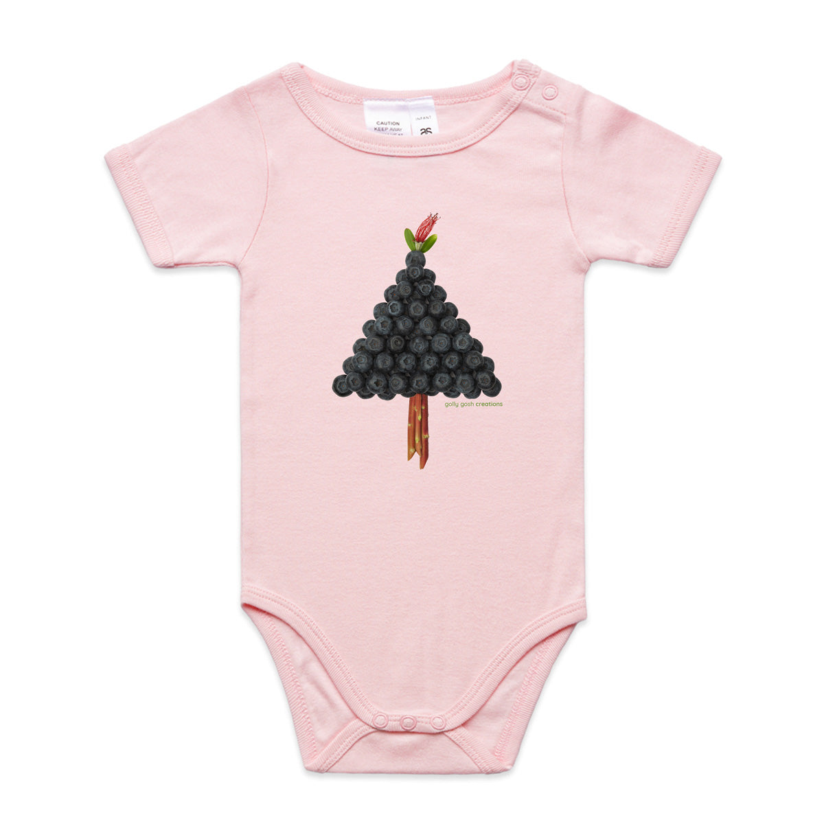 A cute blueberry tree babygrow by Golly Gosh Creations. This organic cotton garment comes in sizes 0 - 24 months. Colour pink. Crafted from blueberries.
