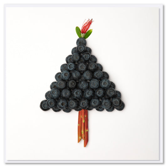 A festive blueberry tree Christmas card from Golly Gosh Creations. Created from juicy blueberries on a white background.