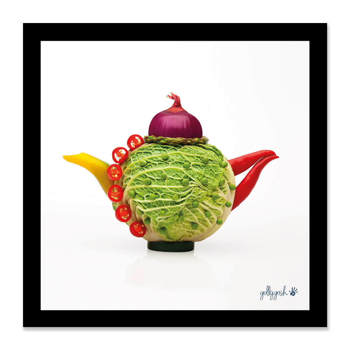 Mock up of a framed  cabbage teapot fine art print from Golly Gosh Creations. Three sizes available ready for framing.