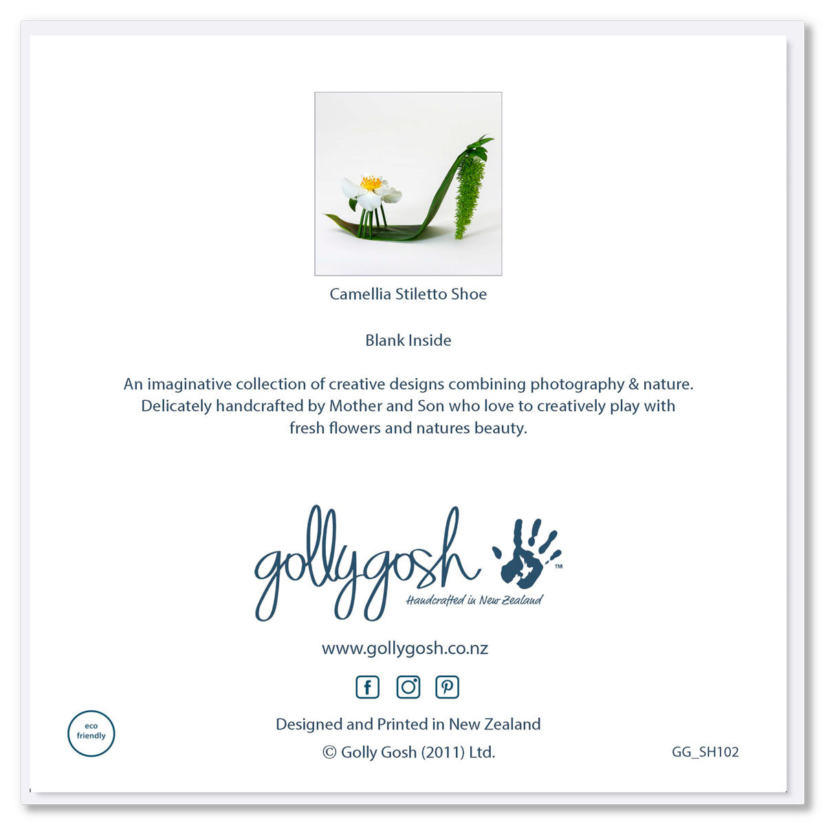 Image of the back of a quality greeting card from Golly Gosh Creations This elegant camellia stiletto shoe  is created from fresh flowers on a white background.