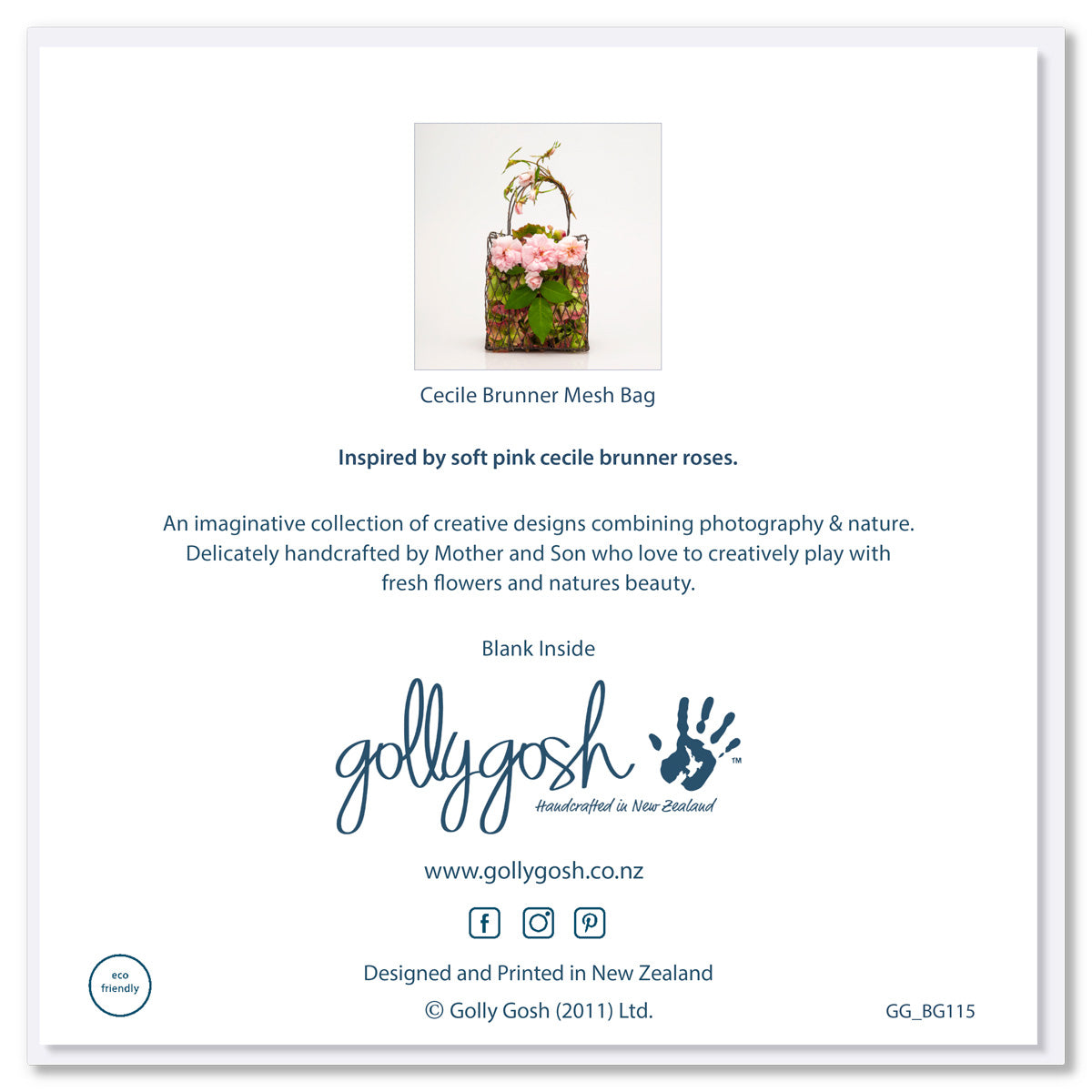 The  back of an elegant card from Golly Gosh Creations. Featuring a handcrafted cecile brunner rose bag with luscious petals on a white background. Size 142 x 142mm.