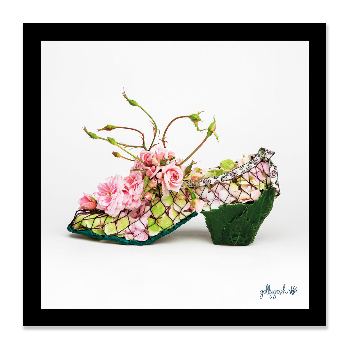 Mock up of a framed cecile brunner mesh shoe fine art print from Golly Gosh Creations. Three sizes available ready for framing.