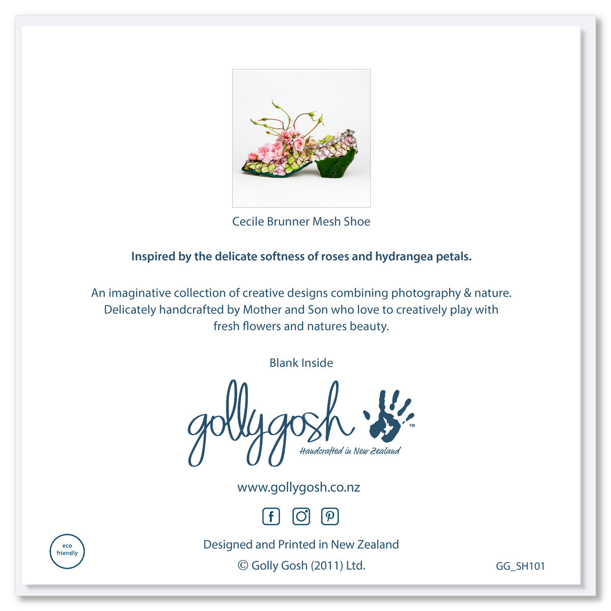 Back cover of a pretty cecile brunner mesh shoe greeting card from Golly Gosh Creations. Square format.