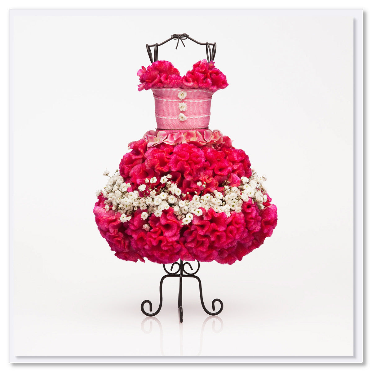 A pretty pink celosia dress greeting card created from fresh flowers on a white background. Size 142 x 142 mm. Found at Golly Gosh Creations.