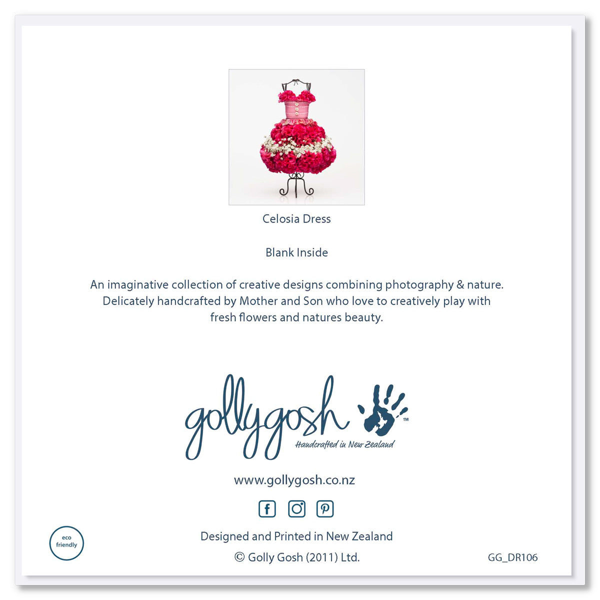 Back cover of a celosia dress greeting card found at Golly Gosh Creations. Created form pretty pink celosia flowers.