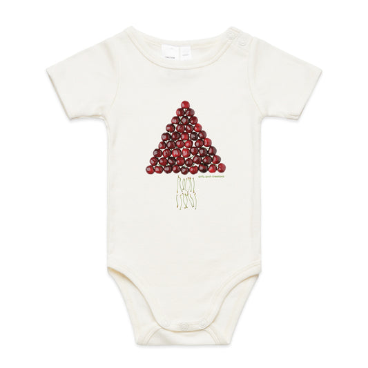 A cute cherry christmas tree babygrow from Golly Gosh Creations. A quality natural cotton garment available from 0 - 24 months. Created from fresh cherries.