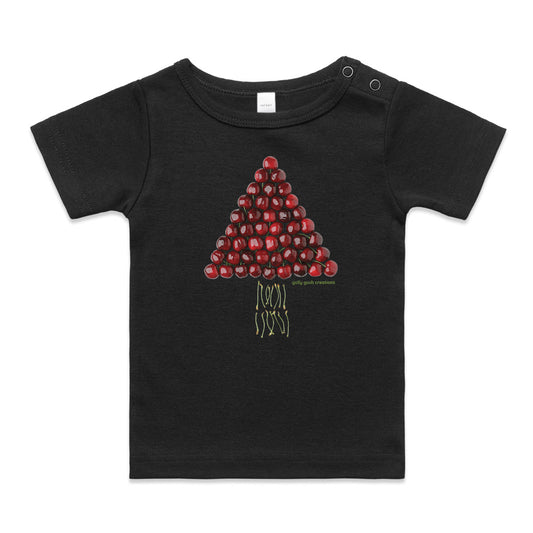A fun christmas cherry tree wee tee from Golly Gosh Creations. Crafted from fresh cherries. A quality black cotton garment available from 0 - 24 months.