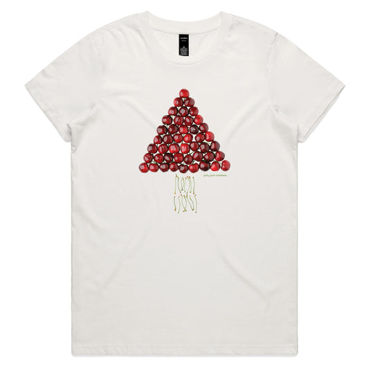A Christmas cherry tree natural woman's tee shirt from Golly Gosh Creations. Sizes XS - 2XL. A fun creation crafted from fresh cherries. Quality cotton.