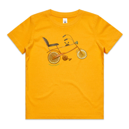 A chopper bike yellow kids tee shirt from Golly Gosh Creations. Size 2 - 16 years. Handcrafted from fresh oranges and kiwi fruit. A quality cotton garment.