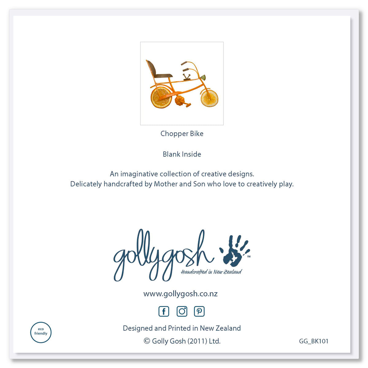 Back cover of a delighful chopper bike greeting card. Design crafted from oranges and kiwi fruit. A quality square card found at Golly Gosh Creations.