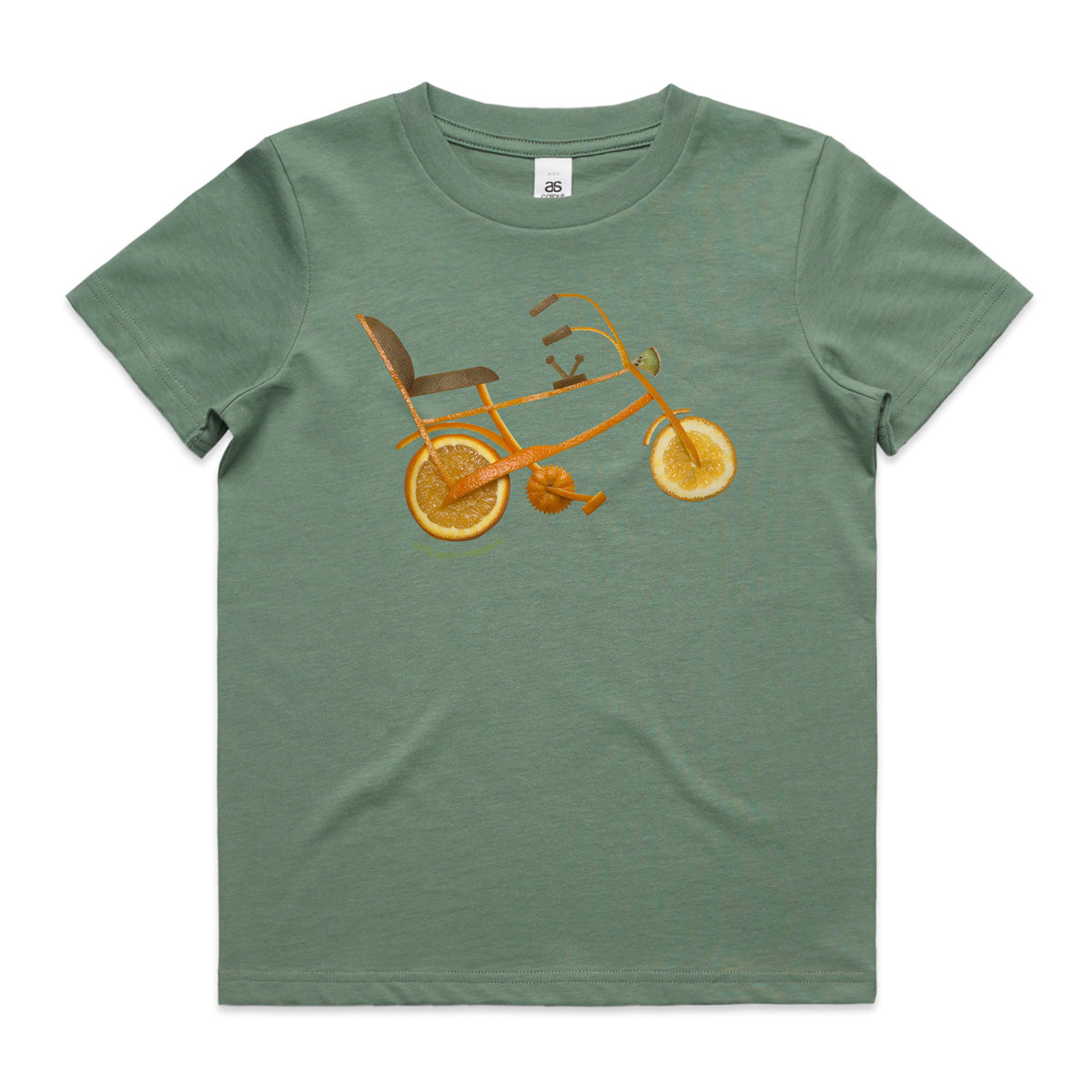 A chopper bike sage kids tee shirt from Golly Gosh Creations. Size 2 - 16 years. Handcrafted from fresh oranges and kiwi fruit. A quality cotton garment.