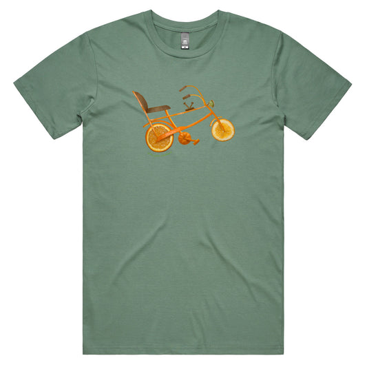 A chopper bike sage coloured men's tee shirt from Golly Gosh Creations. Handcrafted from fresh oranges and kiwi fruit. Sizes S - 5XL. Quality cotton.