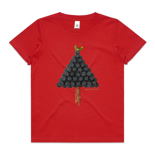 A red Christmas blueberry tree kids tee shirt from Golly Gosh Creations. Size 2 - 16 years. Handcrafted from fresh berries. fruit. A quality cotton garment.
