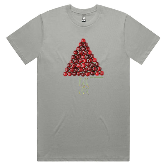 A Christmas cherry tree men's tee shirt from Golly Gosh Creations. Crafted from fresh cherries. Sizes S - 5XL. A quality cotton grey tee shirt.
