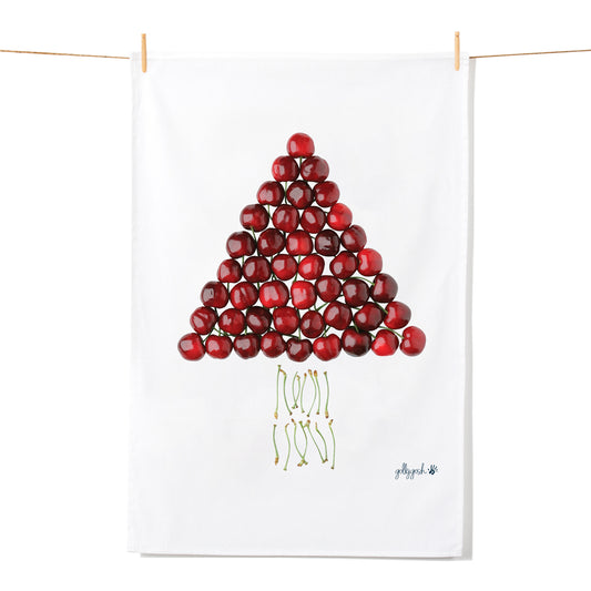 A christmas tree shape created from fresh cherry fruit. A quality cotton tea towel from Golly Gosh Creations.