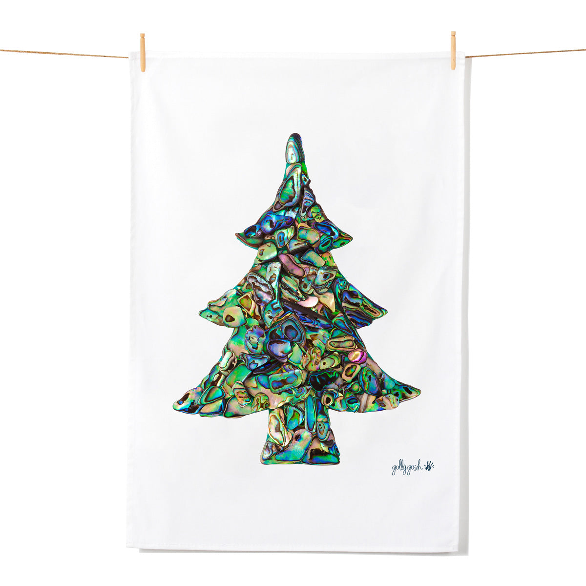 A christmas tree shape created frompapu shell pieces. A quality cotton tea towel from Golly Gosh Creations.
