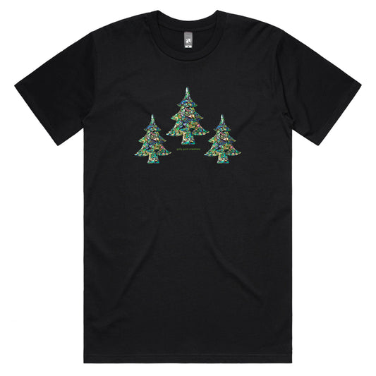 A Christmas paua trees men's tee shirt from Golly Gosh Creations. Crafted from iridescent paua shells. Sizes S - 5XL. A quality black tee shirt.