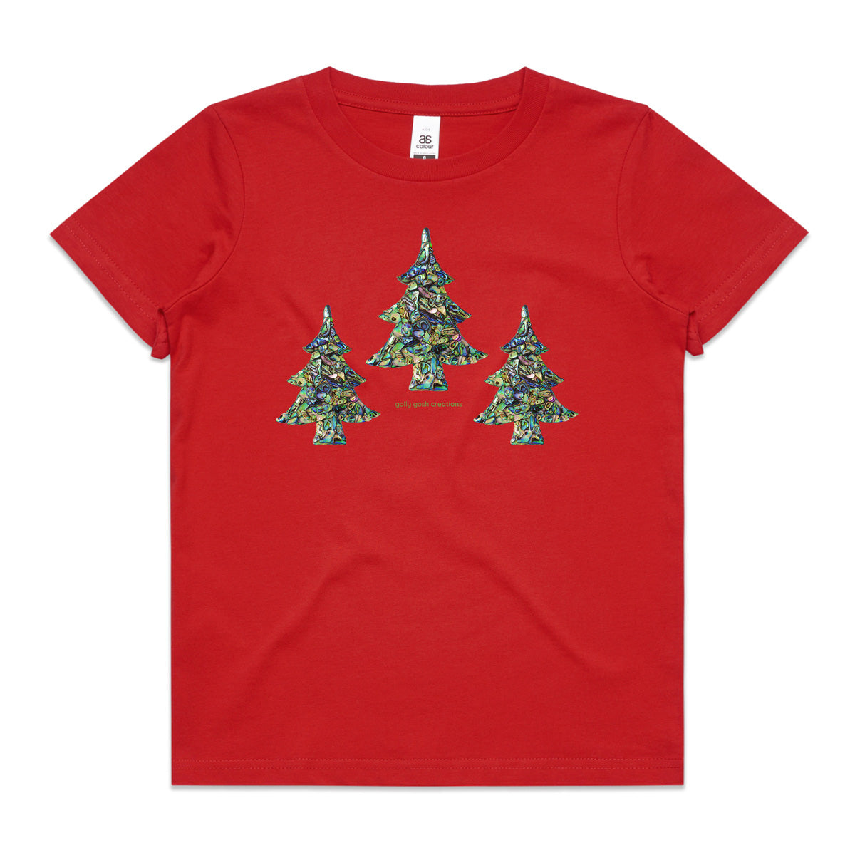 A red Christmas paua trees kids tee shirt from Golly Gosh Creations. Size 2 - 16 years. Handcrafted from sparkling paua shells. A quality cotton garment.