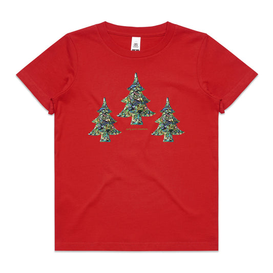 A red Christmas paua trees kids tee shirt from Golly Gosh Creations. Size 2 - 16 years. Handcrafted from sparkling paua shells. A quality cotton garment.