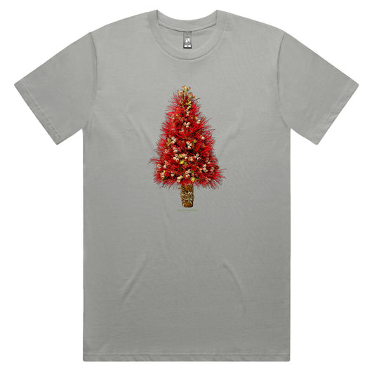 A Christmas pohutukawa grey men's tee shirt from Golly Gosh Creations. Handcrafted from the iconic NZ flowering tree. Sizes XS - 2XL. Quality cotton.