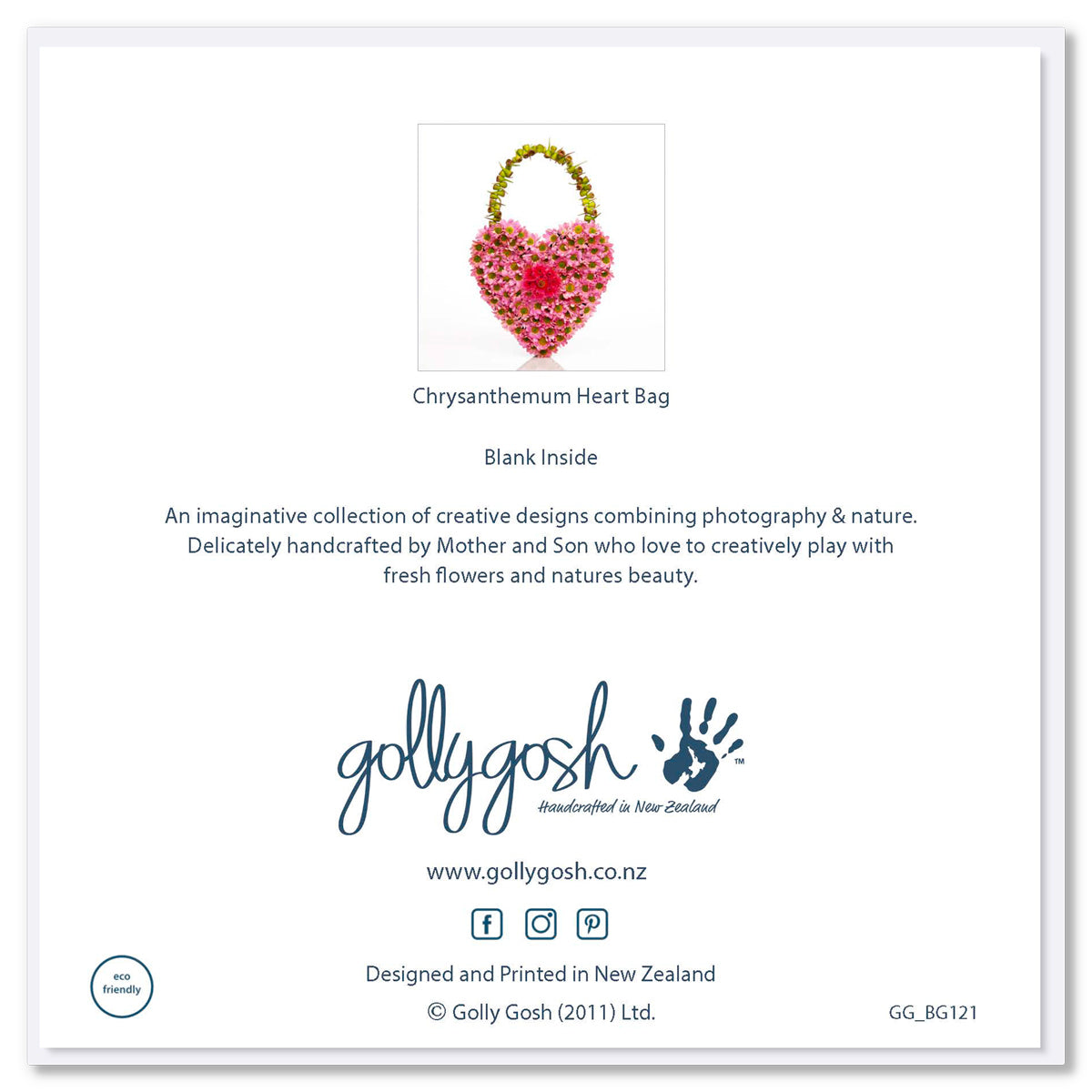 The back cover of a chrysanthemum heart bag greeting card from Golly Gosh Creations. Size 142 x 142 mm