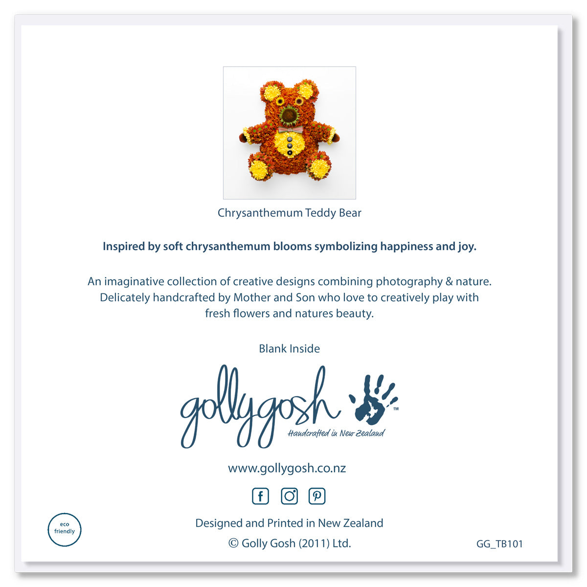 The back of a cute chrysanthemum teddy bear greeting card. Created from dainty fresh flowers. A quality square card found at Golly Gosh Creations