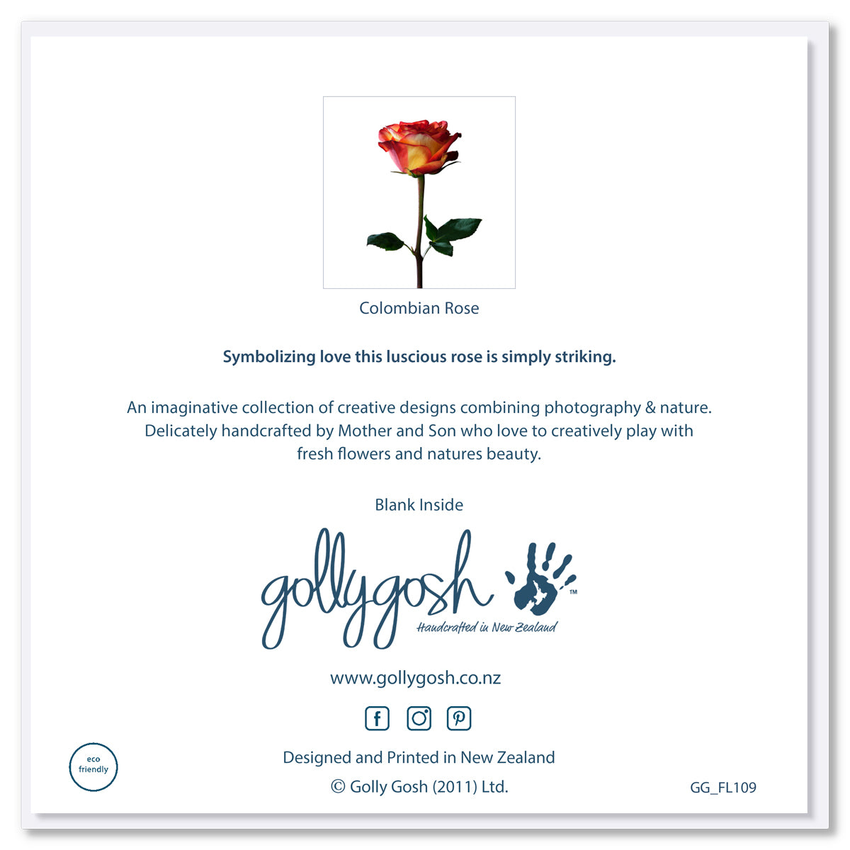 The back of a stunning colombian rose greeting card from Golly Gosh Creations. Size 142 x 142 mm