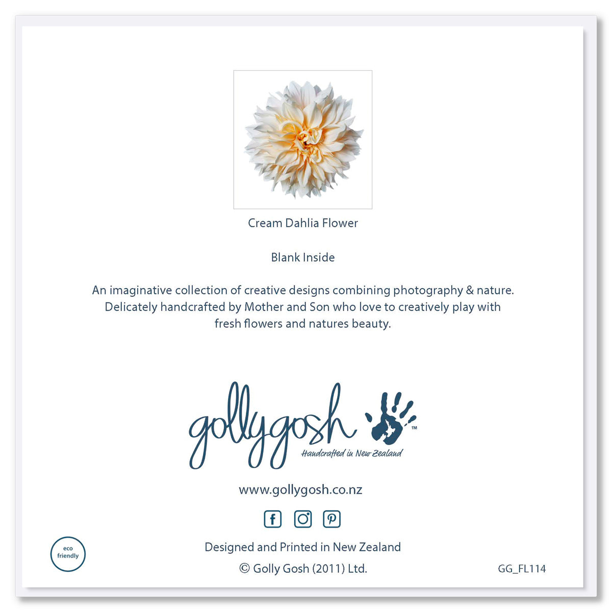 Back of a cream dahlia greeting card from Golly Gosh Creations.