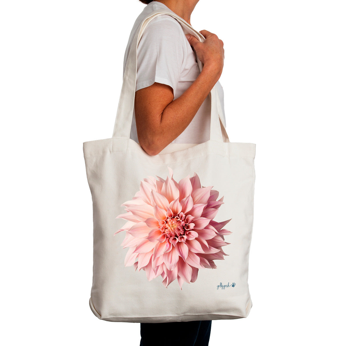 A strong cotton canvas tote bag featuring a stunning pink dahlia flower by Golly Gosh Creations.