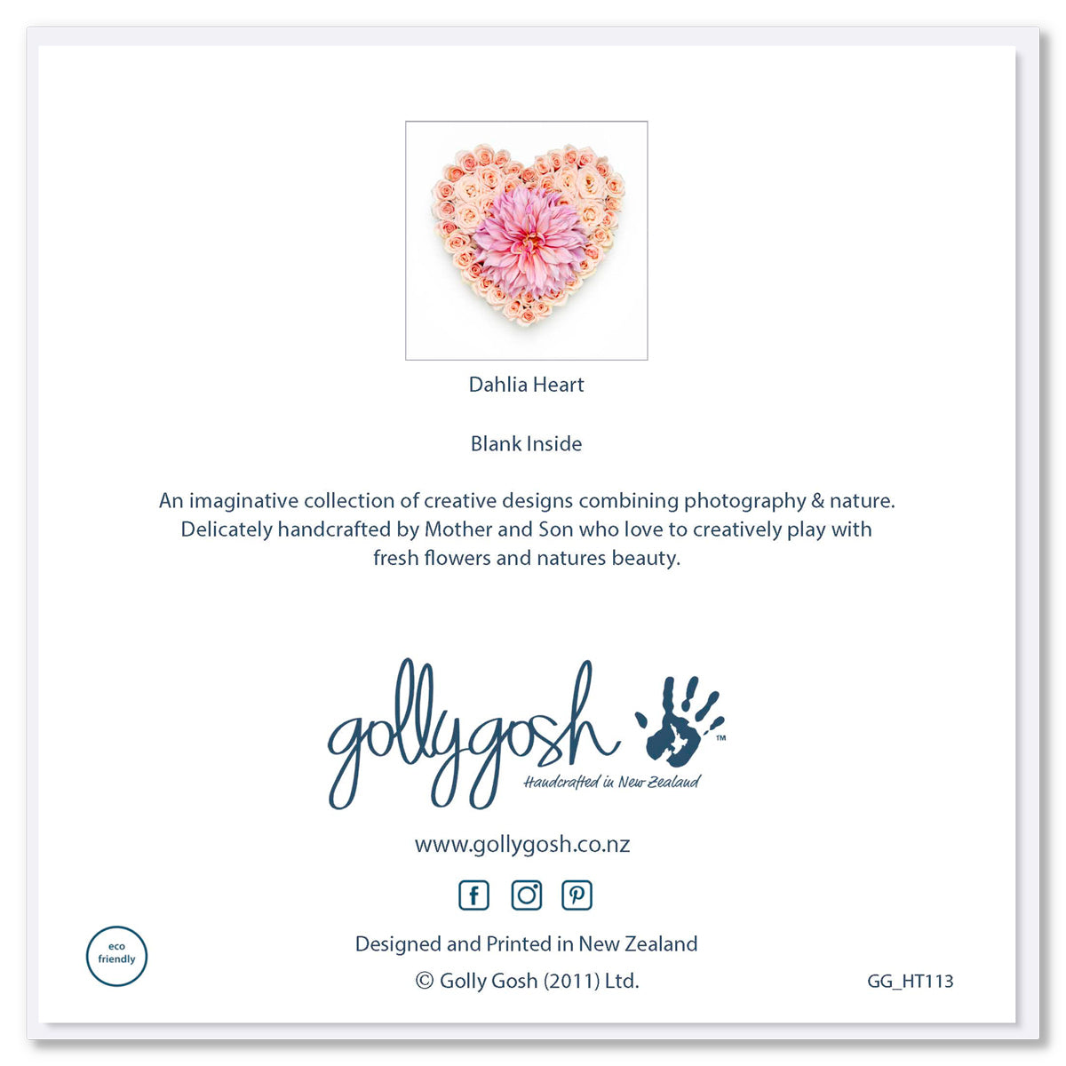 Back of a  beautiful pink dahlia heart greeting card.  Created from soft pink roses and a luscious pink dahlia flower. A quality square card found at Golly Gosh Creations.