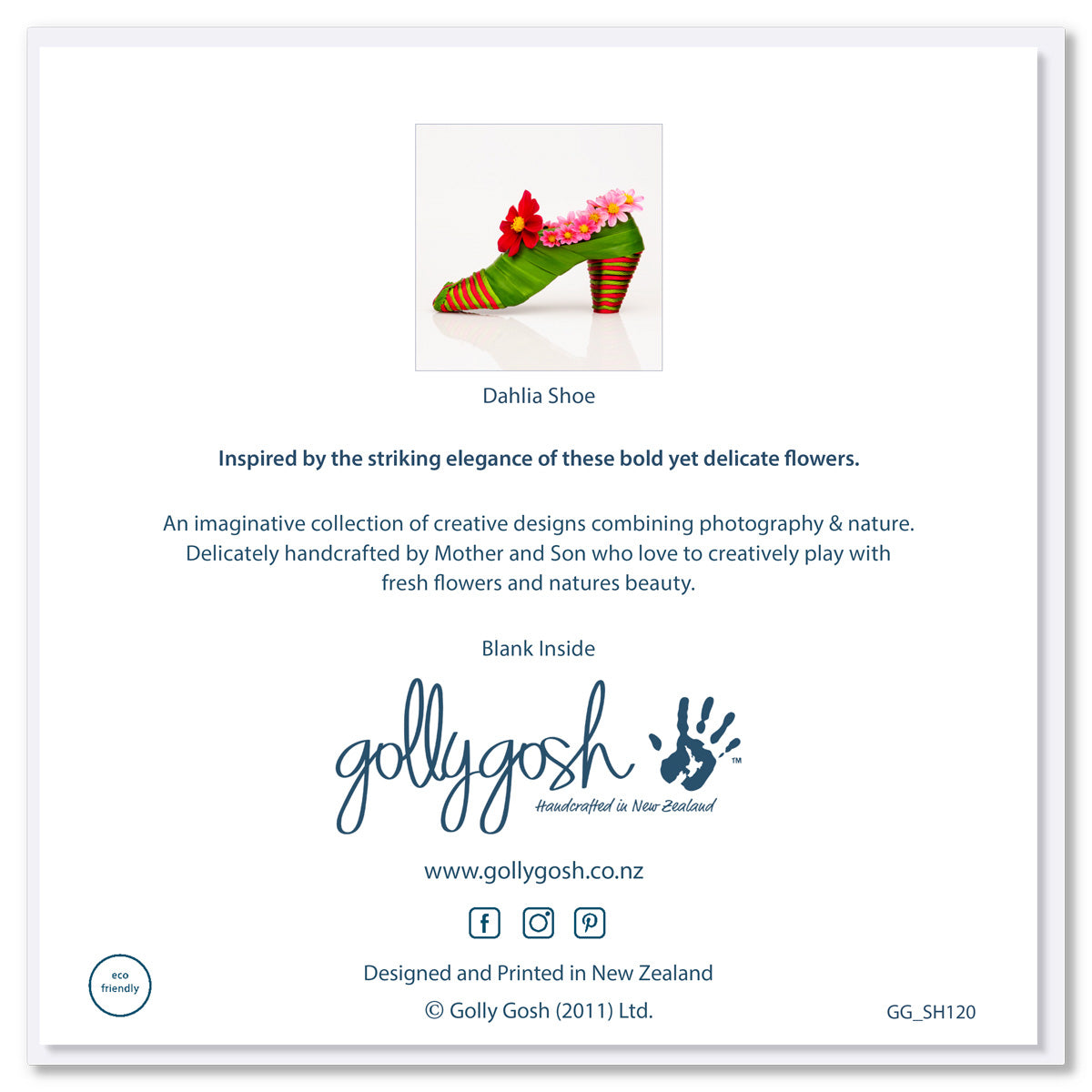 Back of a dahlia shoe greeting card from Golly Gosh Creations. Crafted from dahlia blooms and flax foliage. Size 142 x 142 mm