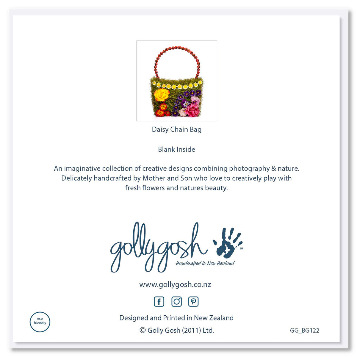 Back cover of a daisy chain greeting card from Golly Gosh Creations. Size 142 x 142 mm