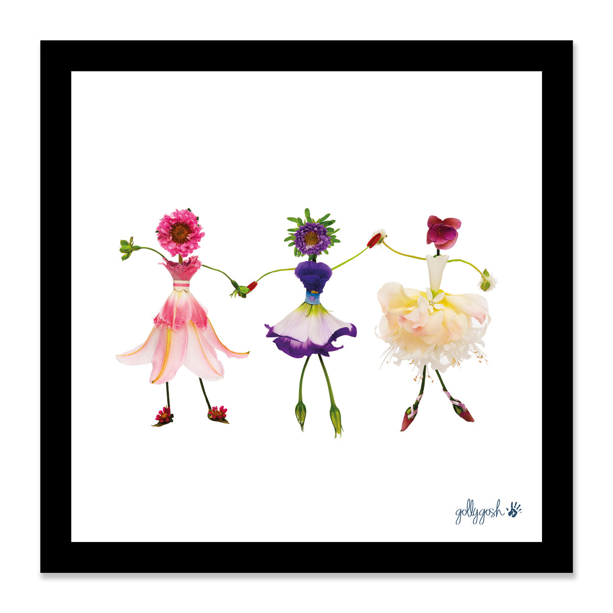 Mock up of a framed dancing girls fine art print from Golly Gosh Creations. Crafted from fresh flowers. Available in three sizes ready for framing.