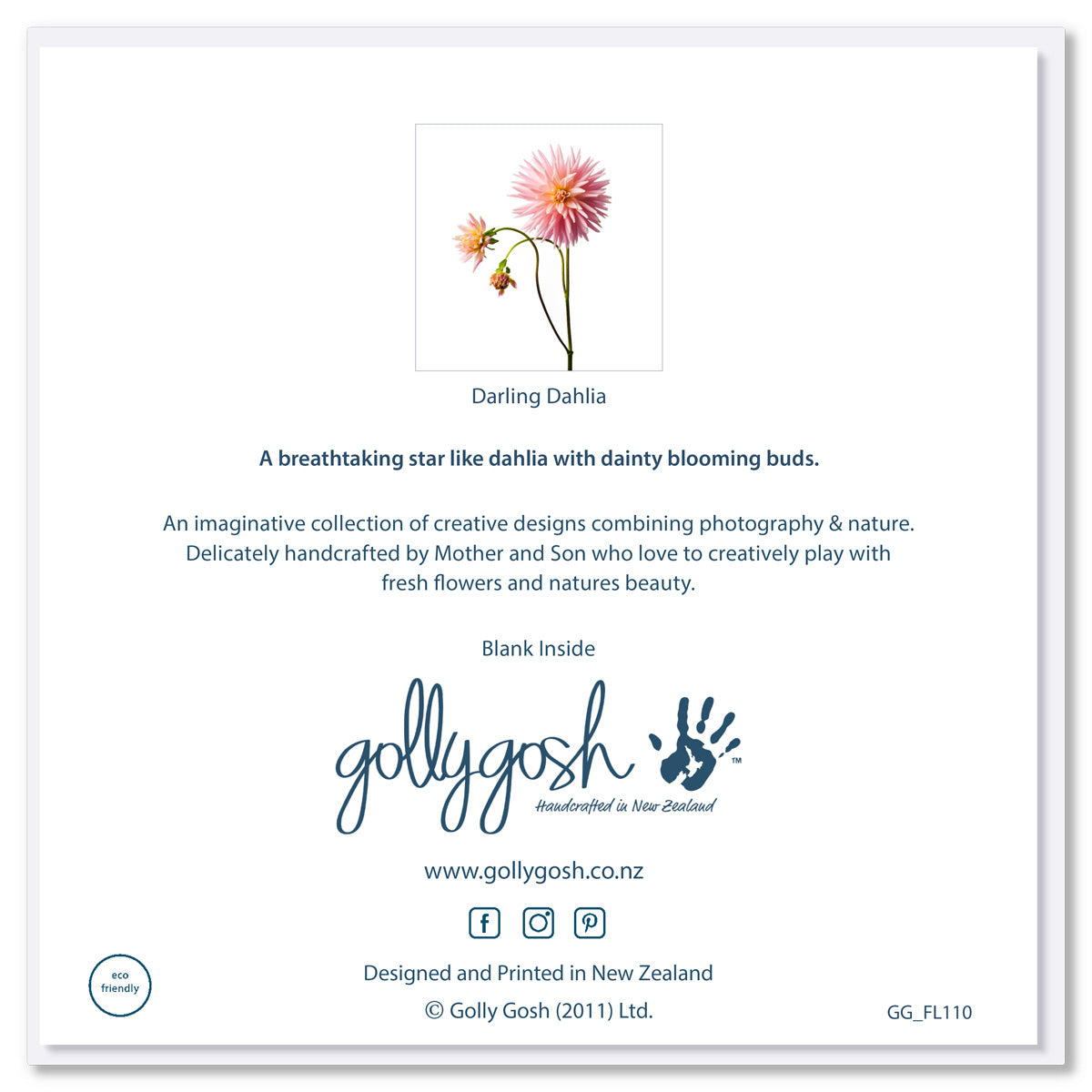 The back cover of a darling dahlia greeting card from Golly Gosh Creations. A quality square card.