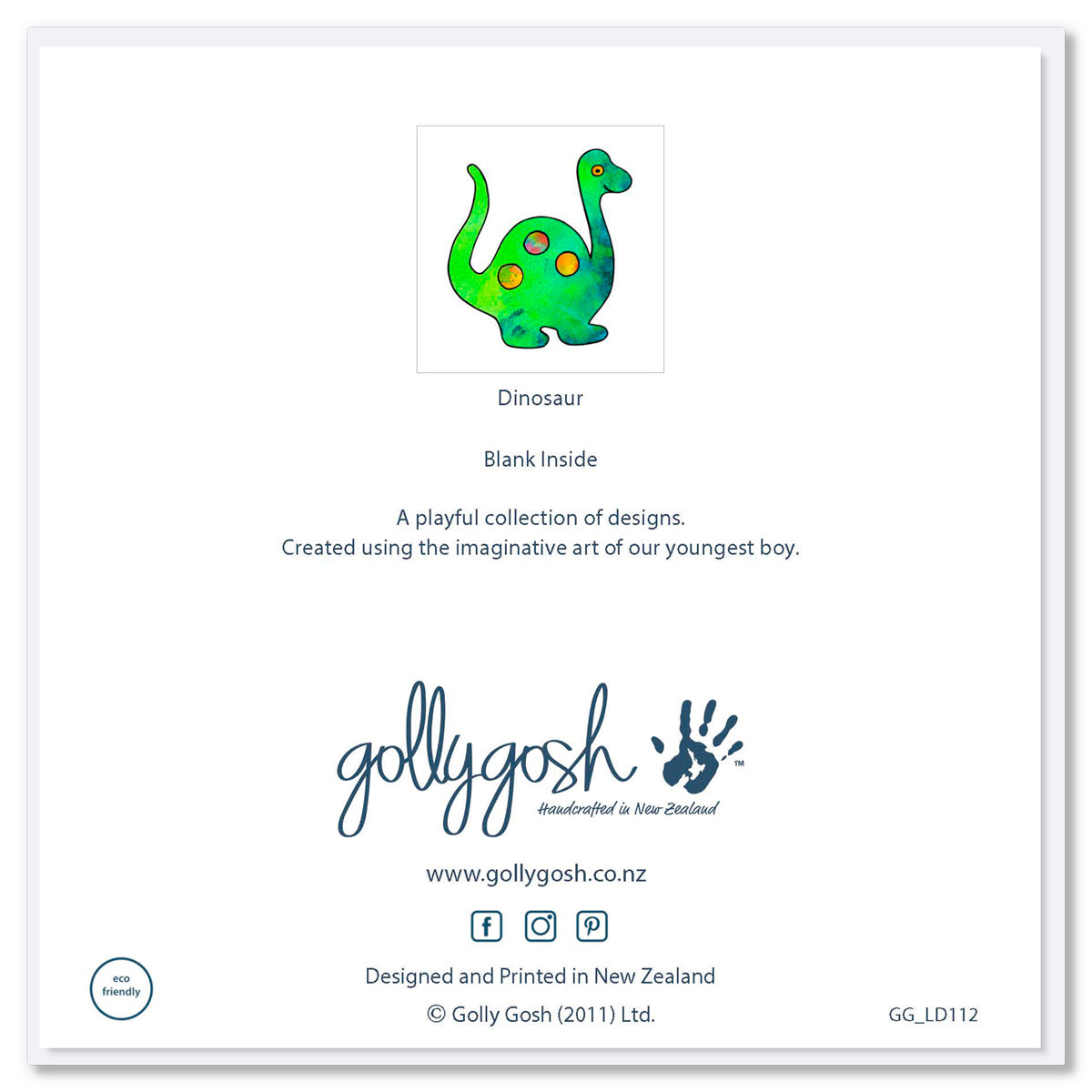 Back of a kids card with a colourful drawing of a dinosaur. A quality square card from Golly Gosh Creations.