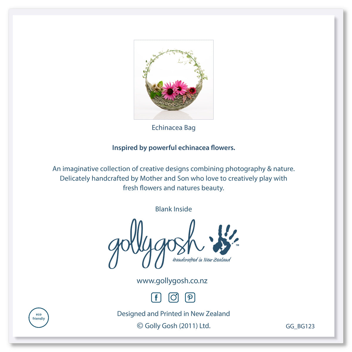 Back cover of an echinacea bag greeting card from Gosh Creations. A quality square card.