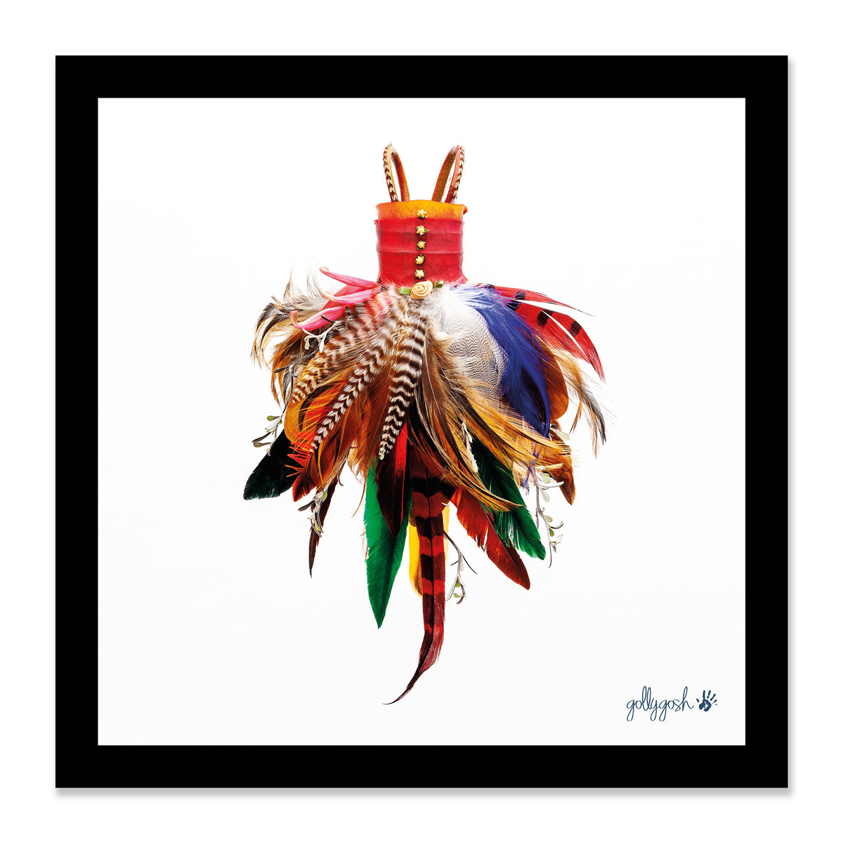 Mock up of a framed feather dress fine art print from Golly Gosh Creations. Available in three sizes ready for framing.