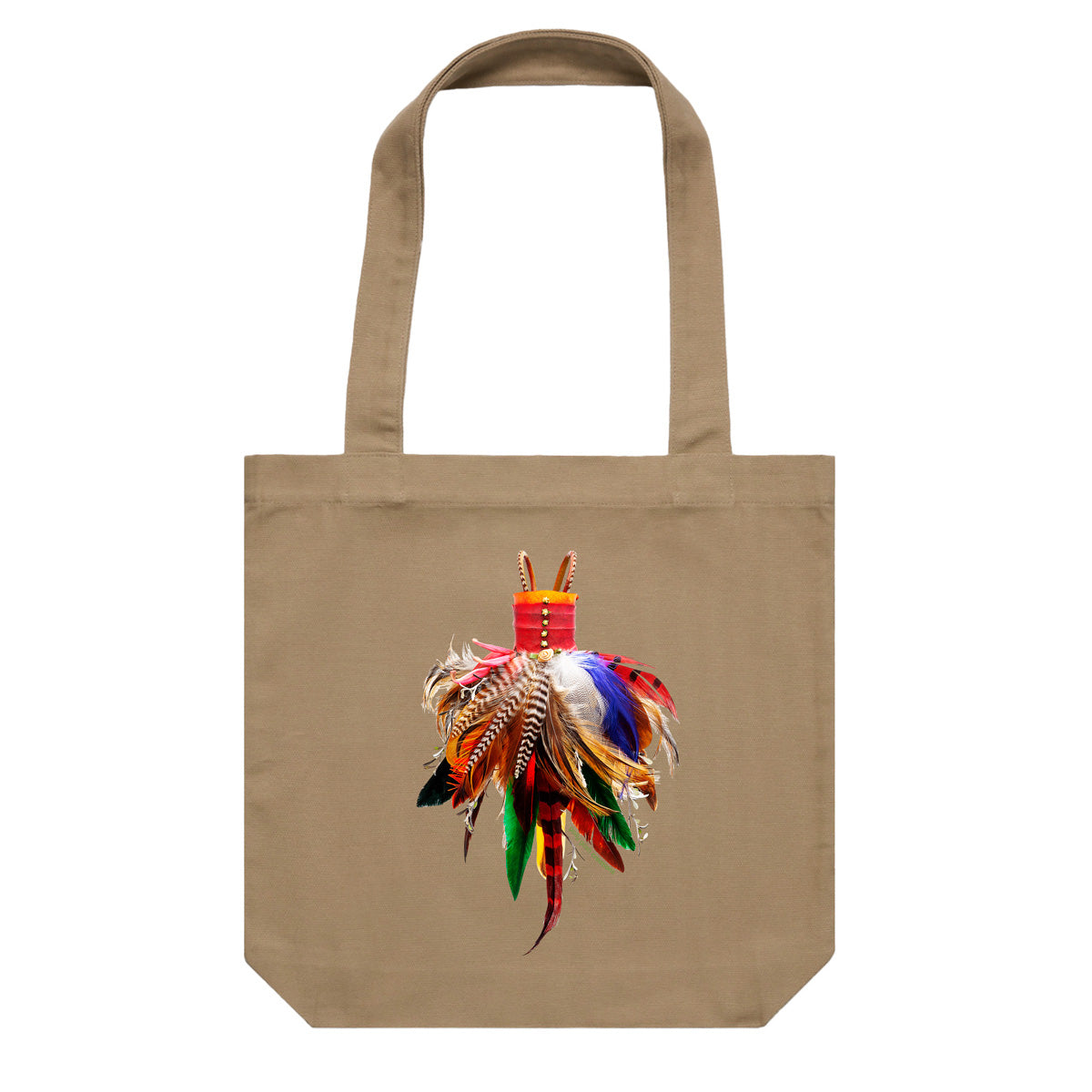 A feather dress cotton canvas tote bag by Golly Gosh Creations. Crafted from vibrant feathers. Colour khaki.