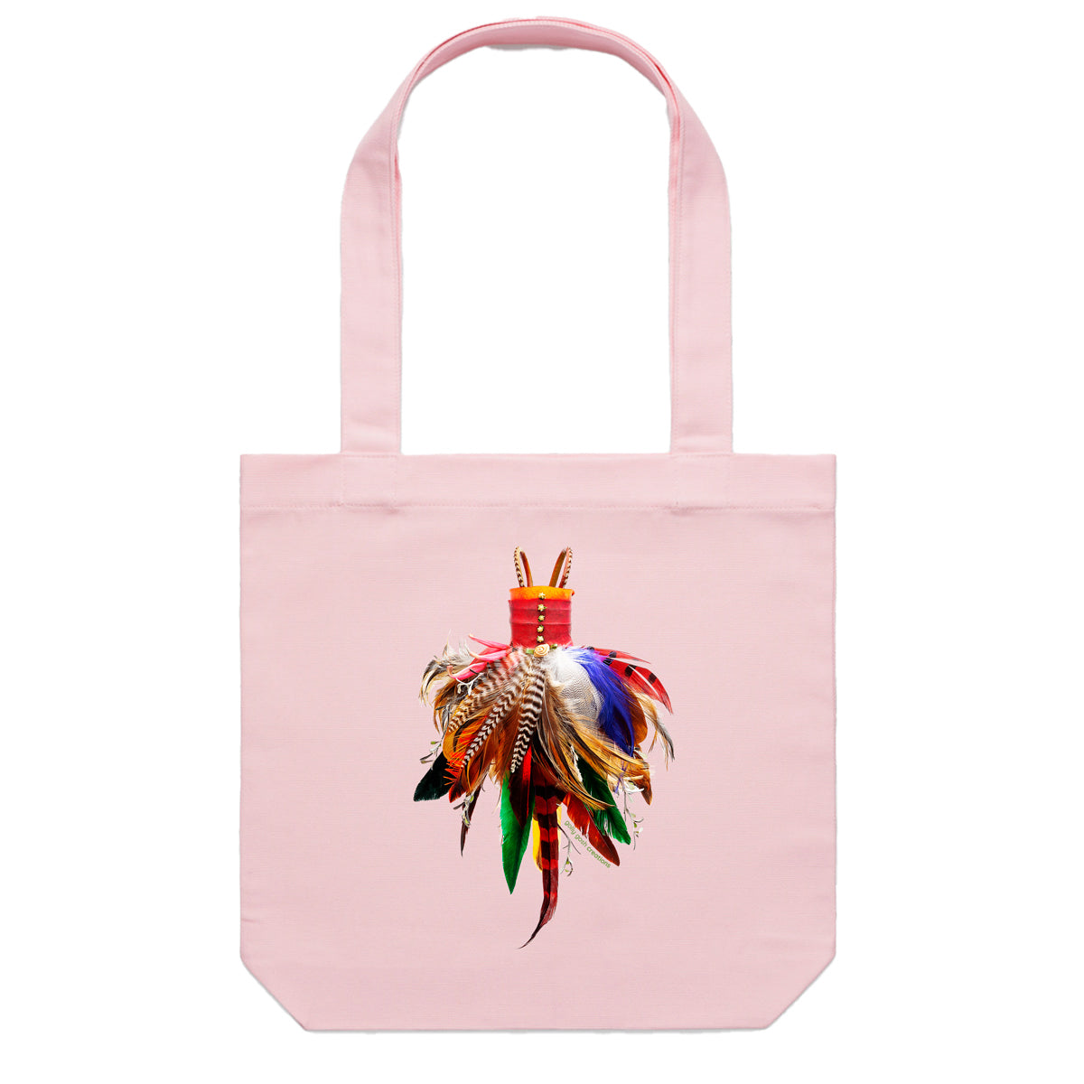 A feather dress cotton canvas tote bag by Golly Gosh Creations. Crafted from vibrant feathers. Colour pink.