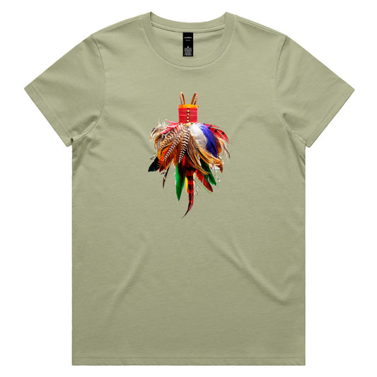 A feather dress pistachio woman's tee shirt from Golly Gosh Creations. Sizes XS - 2XL. Created from colourful feather plumes. Quality cotton.
