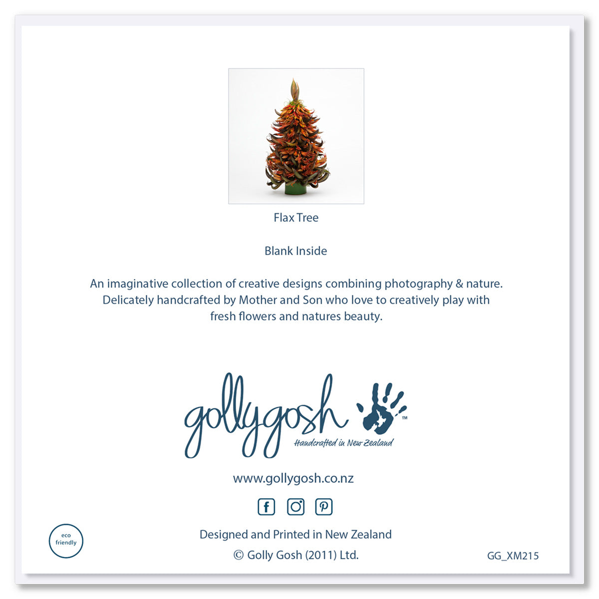 Back of Golly Gosh Flax Tree greeting card displaying product image, blank inside note, description of handcrafted Mother and Son artist collection, Golly Gosh branding, website and social details, and eco-friendly certification.