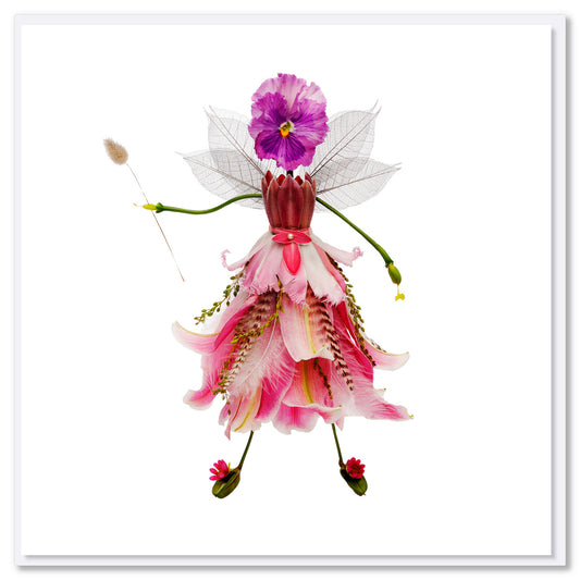 An enchanting flower fairy greeting card found at Golly Gosh Creations. Created from dainty pink and pastel blooms. Size 142 x 142 mm