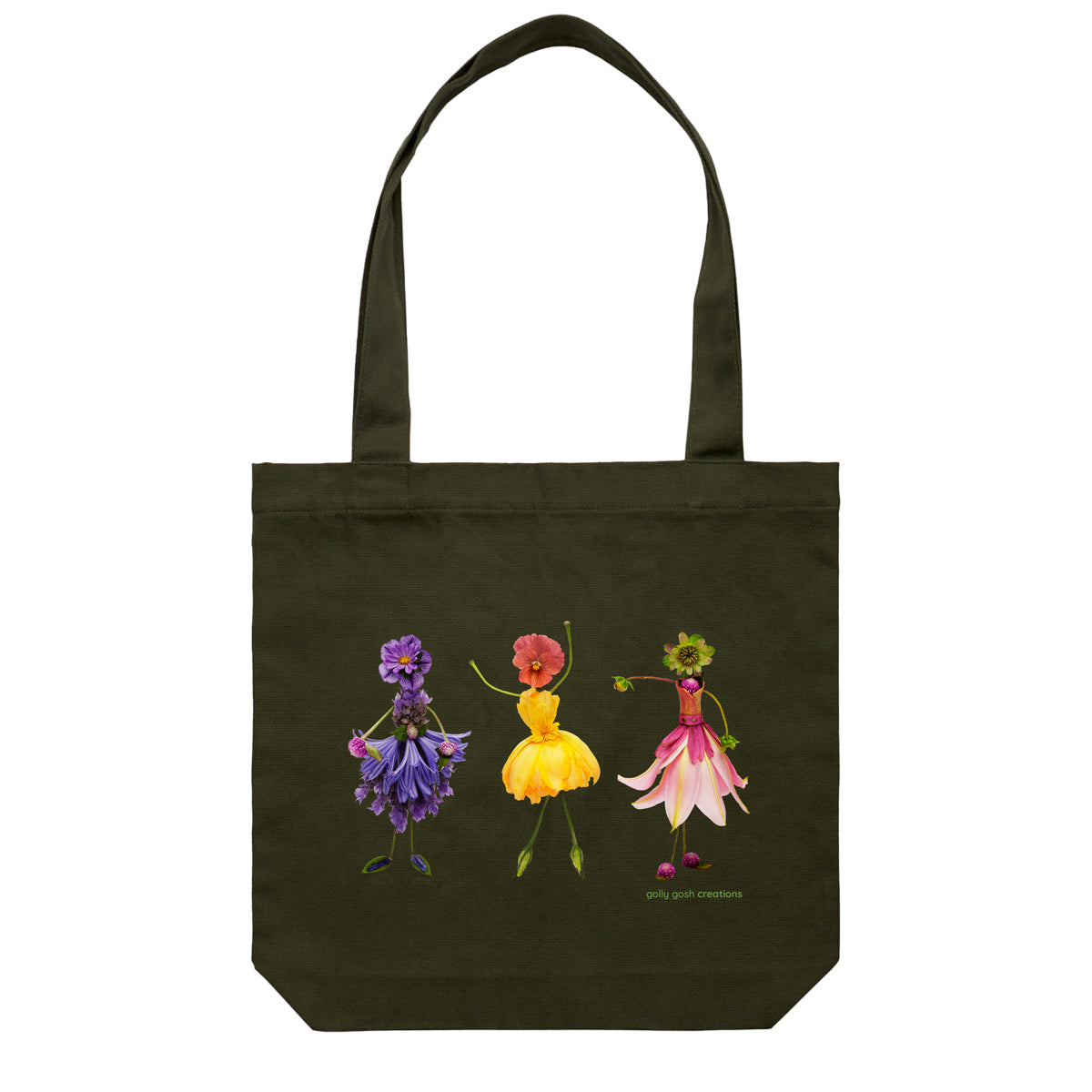 A flower girls cotton canvas tote bag from Golly Gosh Creations. Handcrafted from dainty fresh flowers. Colour dark green.