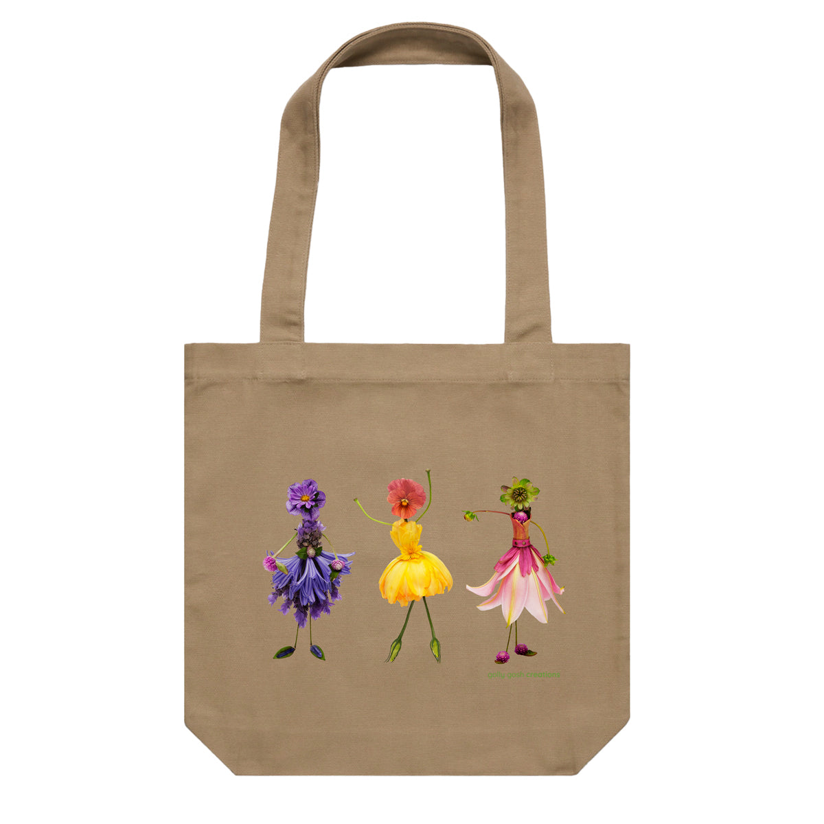 A flower girls cotton canvas tote bag from Golly Gosh Creations. Handcrafted from dainty fresh flowers. Colour khaki.